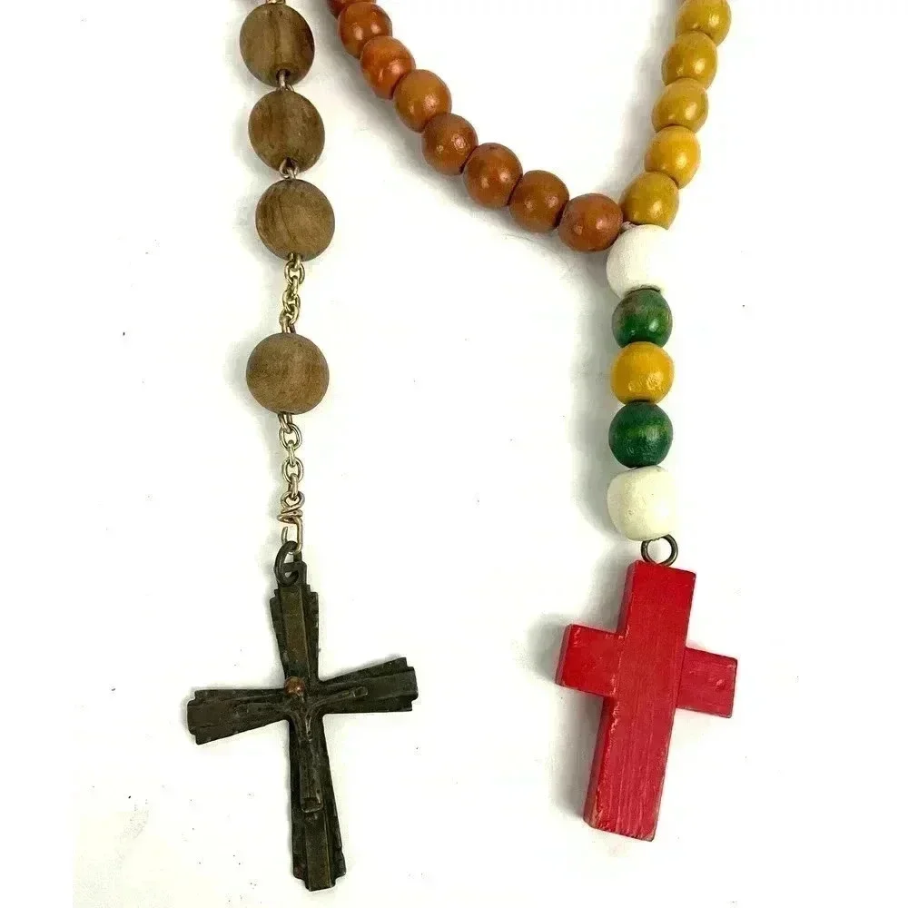 VTG Pair Wooden Rosaries Bronze Colorful‎